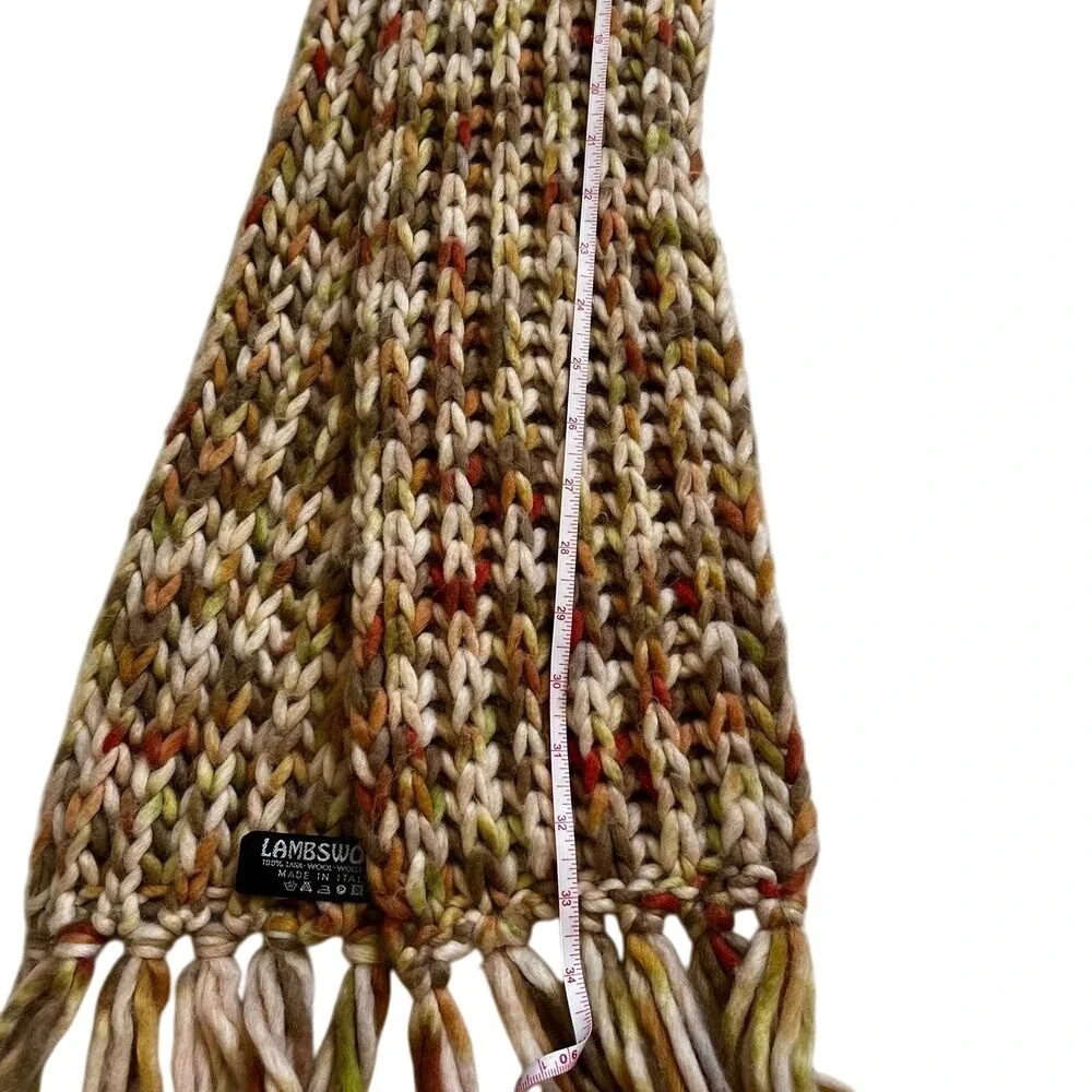Italian Lambswool Blend Knit Scarf Brown Green Multicolor Fringe Cozy Winter